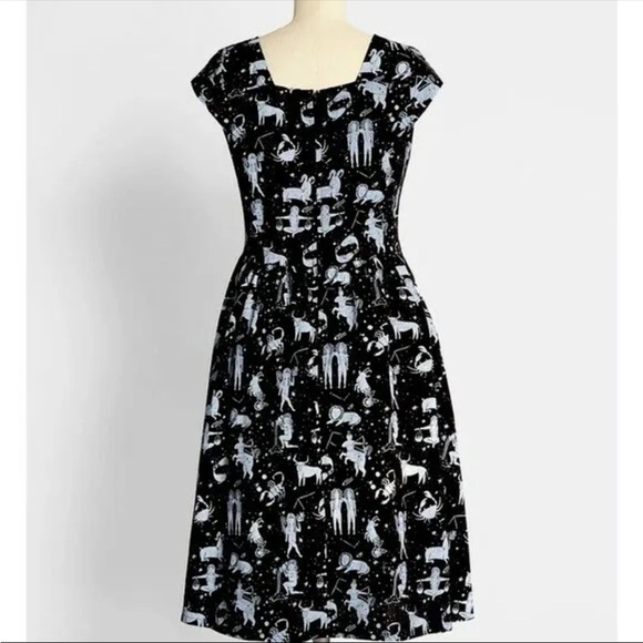 Mod Cloth Mata Traders Horoscope Dress Stars Celestial Retro A-line Black Zodiac - Picture 3 of 5